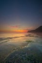 Seascape for background. Sunset time. Beach with rocks and stones. Low tide. Stones with green seaweed and moss. Blue sky with Royalty Free Stock Photo