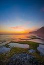 Seascape for background. Sunset time. Beach with rocks and stones. Low tide. Stones with green seaweed and moss. Blue sky with Royalty Free Stock Photo