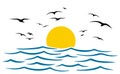 Seascape, blue sea and sun, wave, summer sign with seagulls Ã¢â¬â vector