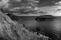 Seascape with blue sky and cloud in evening light, Black and white and monochrome style