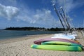 Sailboats, kayaks and surfboards on Trez beach in Benodet Royalty Free Stock Photo
