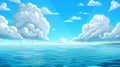 Seascape with calm water surface and clouds in blue sky. Modern illustration of a boat harbor, beach or ocean. Summer