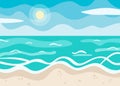 Seascape in cartoon flat style. Summer sunny day, beach and ocean illustration. Background for banner, logo, lettering Royalty Free Stock Photo