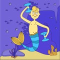 Seascape. Cartoon mermaid guy playing sports underwater. A man with a tail, dumbbells. Bubbles, fish, rocks and algae.