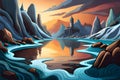 Seascape with a castle on the rock and lake. Vector illustration, abstract background, generative ai Royalty Free Stock Photo