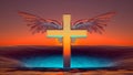 seascape with christian cross with wings at sunset