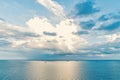 Seascape on cloudy sky background. Sea water and sky horizon line. Wanderlust, travel, trip. Summer vacation concept