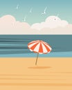 Seascape, colorful parasol on the sea beach. Summer illustration