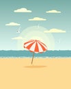 Seascape, colorful parasol on the sea beach. Summer illustration