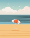 Seascape, colorful parasol on the sea beach. Summer illustration