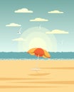 Seascape, colorful parasol on the sea beach. Summer illustration