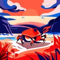 Seascape with a crab on the seashore. Vector illustration generative AI