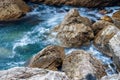 Seascape of the Crimean coast. Waves break into beautiful splashes against rocks. Royalty Free Stock Photo