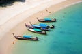 Seascape curve beach with tourist wooden boat in summer beautiful color in natural Southern of Thailand background