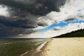 Seascape with dark, dramatic, stormy cumulonimbus cloud formation over the beach at Baltic sea. Royalty Free Stock Photo