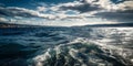 Seascape with deep blue sky, puffy white clouds. AI generated.