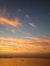 Sunset on Aegean sea, Greece. Silhouettes swimming at Peraia, suburb of Thessaloniki. Royalty Free Stock Photo