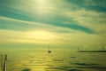 Seascape evening sea horizon and ship on water. Royalty Free Stock Photo