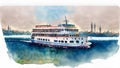 Seascape with ferry in ?stanbul. Watercolor illustration . ?solated on white background, generative Ai