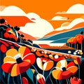 Seascape with flowers. Vector illustration in flat style on the theme of travel and vacation. generative AI