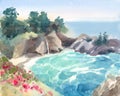 Seascape with Flowers and Waterfall Watercolor Nature Illustration Hand Painted