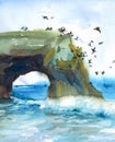 Seascape with Flying Pelicans Birds Watercolor Nature Illustration Hand Painted