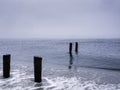 Seascape with four pilings of ruined piers