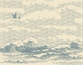 Seascape with hand-drawn sea waves in retro style