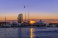 Seascape with Hotel W on the horizon at the Port of Barcelona at sunset