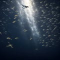 seascape image of divers swimming and exploring the depth of the ocean.