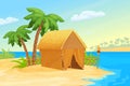 Seascape with island, hut or bungalow with straw roof and bamboo decorations, palm trees, tiki torch with fire and sand Royalty Free Stock Photo