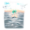 Seascape of the island with a palm tree. Watercolor illustration. Isolated on a white background. Royalty Free Stock Photo