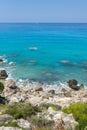 Seascape of Kokkinos Vrachos Beach with blue waters, Lefkada, Ionian Islands, Greece Royalty Free Stock Photo