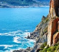 Seascape, landscape and scenic view of Hout Bay in Cape Town, South Africa. Blue ocean and sea with mountains and Royalty Free Stock Photo