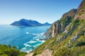 Seascape, landscape and scenic view of Hout Bay in Cape Town, South Africa. Blue ocean water with mountains and Royalty Free Stock Photo