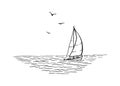 Seascape. Landscape, sea, sailboat, seagulls. Hand drawn illustration converted to vector