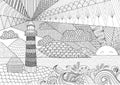 Seascape line art design for coloring book for adult, anti stress coloring - stock