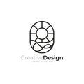seascape logo with sun and waves elements in an oval frame line art design style Royalty Free Stock Photo