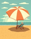 Seascape, a man in a beach chair under a beach umbrella on a sea beach. Clip art, wall art