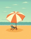 Seascape, a man in a sun lounger under an umbrella on the sea beach. Summer illustration, clip art, print