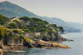 Seascape with the Mediterranean rocky coastline and promenade at Genoa Nervi Royalty Free Stock Photo