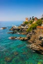 Seascape with the Mediterranean rocky coastline and promenade at Genoa Nervi Royalty Free Stock Photo