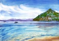 Seascape with mountain and beach, Mallorca landscape,