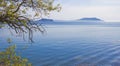 Seascape with mountains on the horizon and tree branches in the foreground.