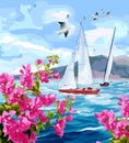 Seascape with mountains, yachts and flowers.