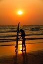 silhouettes of beautiful sexy young women surfer girls in bikinis with surfboards on a beach at sunset in sea, sport activity and Royalty Free Stock Photo