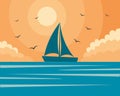 Seascape. Nautical illustration, a sailboat and seagulls on a sunset background. Wall art, illustration Royalty Free Stock Photo