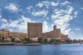 Seascape of Odaiba with cherry blossoms in front of Hilton and Grand Nikko hotels.