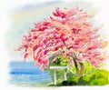 Seascape painting colorful of pink flowers tree and family