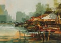 Seascape painting showing old fishing village